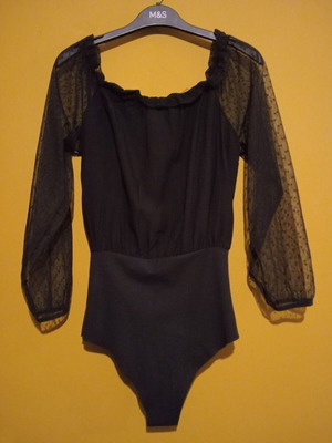 Tezenis bodysuit blouse with transparent mesh sleeves size S new black