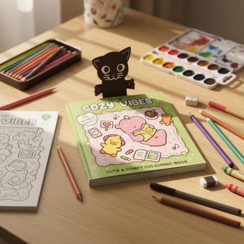 Cozy Vibes colouring book with 45 handwritten pages