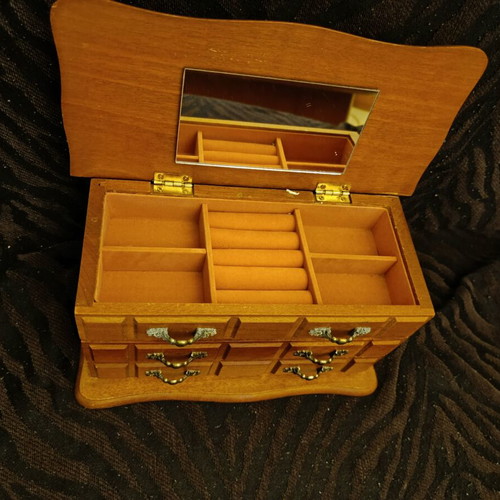 Wooden vintage jewelry box with mirror and drawers, brown