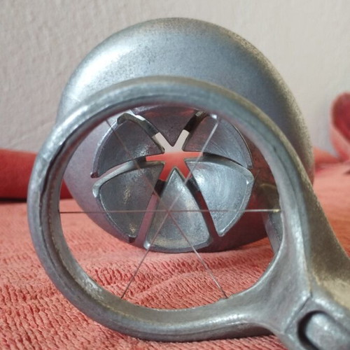 Egg slicer vintage made of pewter used, height 10 cm