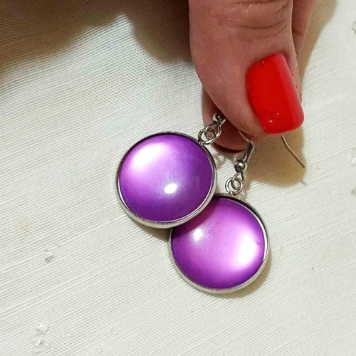 Round earrings with purple cabochon new stainless steel