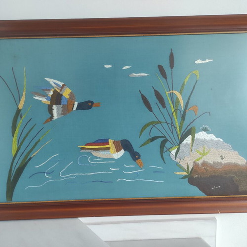 Embroidered paintings used, set of 5 with people, birds, flowers, ducks