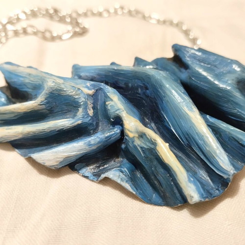 Handmade aluminum sculptural necklace with organic folds, wearable art