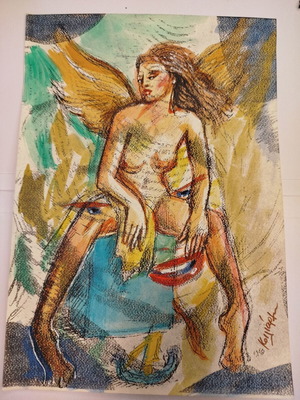 Sphinx mixed technique painting 30x40cm on cardboard signed by Ch. Koiliaris new