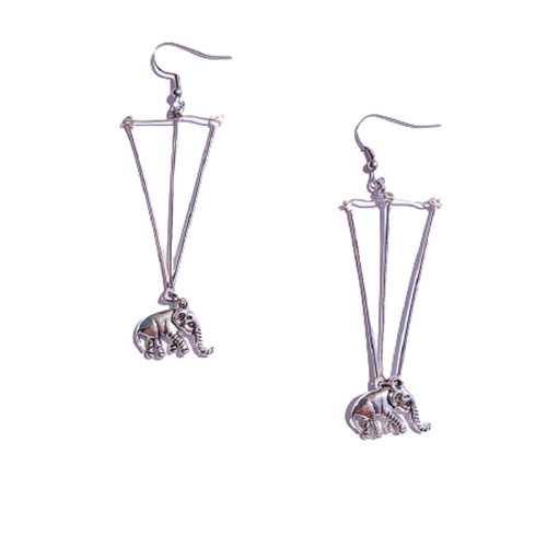 Handmade Long Geometric Triangle Earrings with Elephant Charm Steel New Silver
