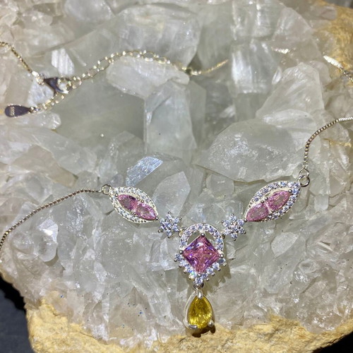 Silver Necklace with Natural Pink Tourmaline, Citrine and Moissanite