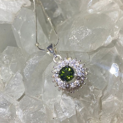 Silver pendant with natural intense green tourmaline and moissanite, new