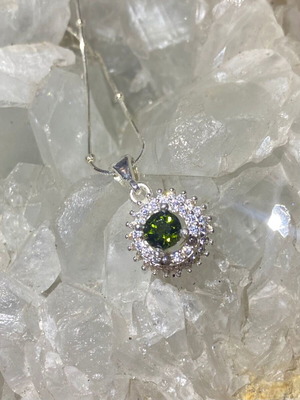 Silver pendant with natural intense green tourmaline and moissanite, new