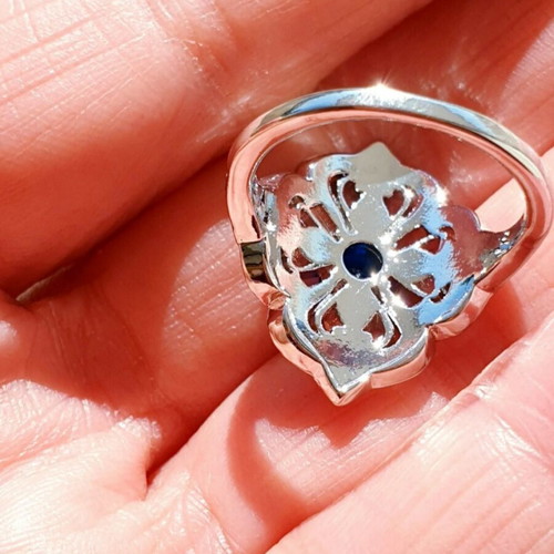 Vintage 70ies Boho Silver Engraved Ring with Blue Zircon Stones Size 55 Like New