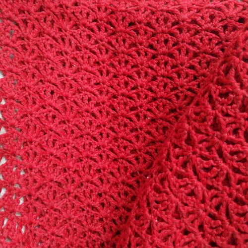 Red merino and silk crochet shawl with sequins