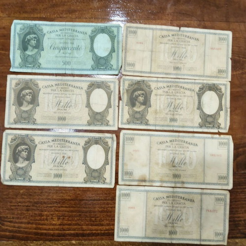 Cassa Mediterranea pre-war collectible banknotes, 1x 500 drachma, 6x 1000 drachma