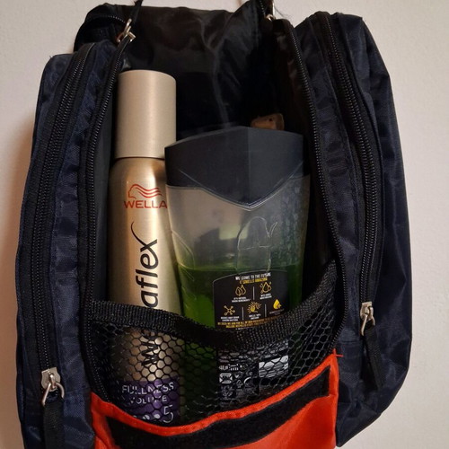 Men's toiletry bag like new, blue and red