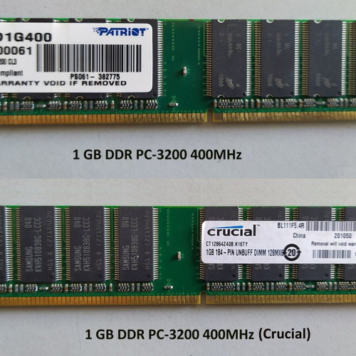 RAM modules 2 x 1 GB DDR PC-3200 400 MHz new, Patriot and Crucial