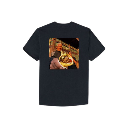 T-shirt with elderly Chinese man holding pita with gyro made to order, black