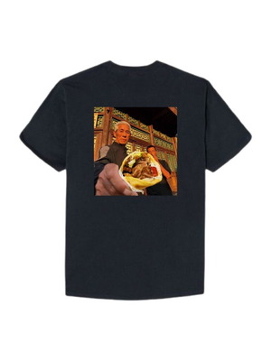 T-shirt with elderly Chinese man holding pita with gyro made to order, black