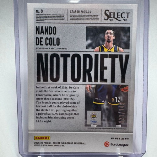2025-26 Panini Select EuroLeague Nando De Colo #9 Cracked Ice Notoriety card new