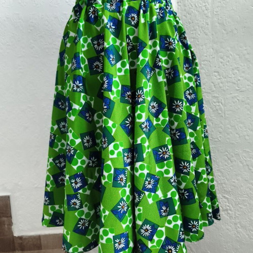 Handmade midi flared skirt, green with blue geometric pattern