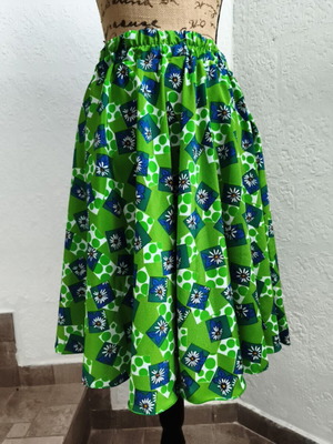 Handmade midi flared skirt, green with blue geometric pattern