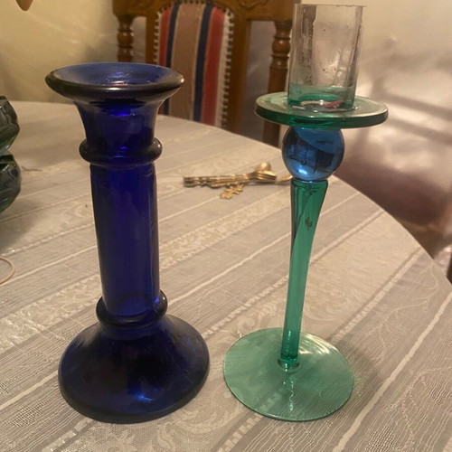 Vintage glass candlesticks used, set of two, one Cobalt Blue