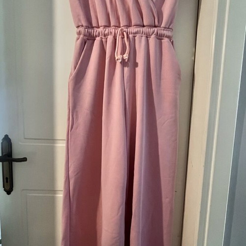 Noobass pink cotton jumpsuit, sporty style, drawstring waist, size L