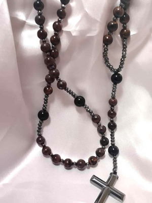 Rosary necklace cross new with black volcanic stone and tiger eye beads