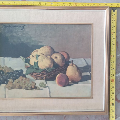 Still life painting with fruit used, framed print on canvas