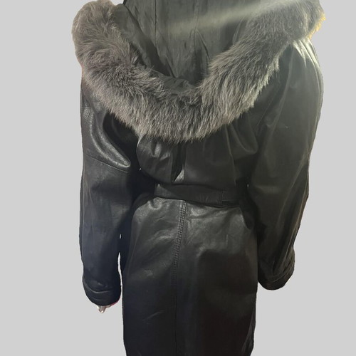 Evans leather coat L used, black with fox fur hood