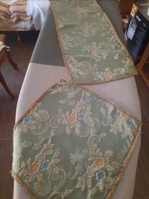 Satin table runner with vintage designs used, includes small napkin