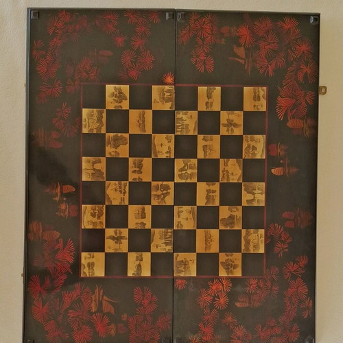 Vintage handmade chess and backgammon set 1960s mahogany and olive used