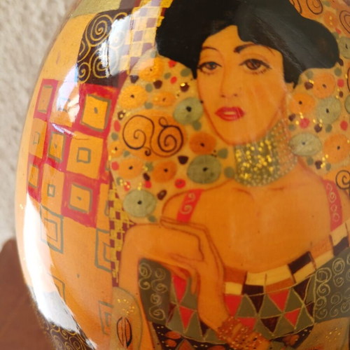 Wooden Egg Hand-Painted with Gustav Klimt Portraits Like New