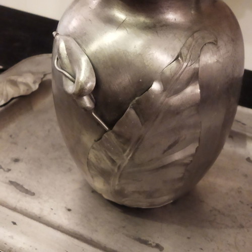 Vintage decorative set vase and rectangular tray Art Nouveau pewter finish
