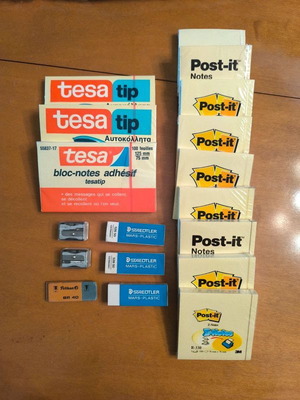 Office supplies new with sticky notes, erasers and sharpeners