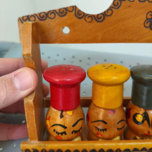 Vintage 1970s Japanese handmade wooden salt and pepper shakers, set of 5 with wall rack