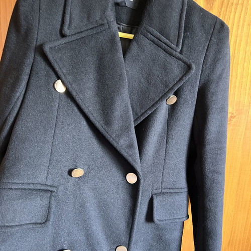 Stradivarius black coat, medium size, knee-length, gold buttons