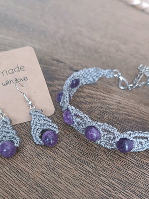 Macrame earrings and bracelet set with amethyst stones new