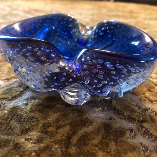 Authentic vintage Italian blue Murano ashtray 1960s like new