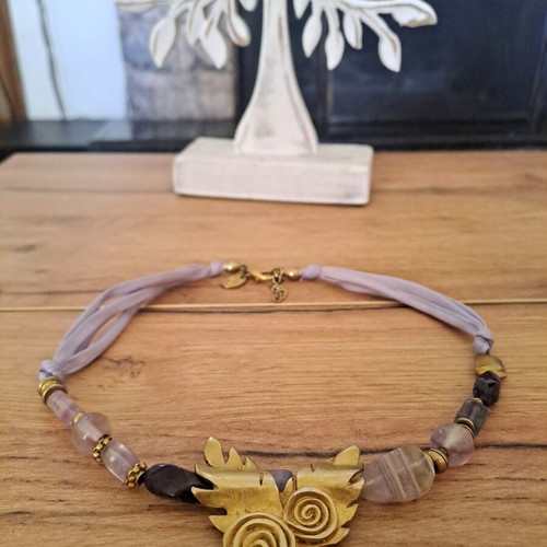 Nikos Garbis handmade necklace with amethyst and bronze motif, like new