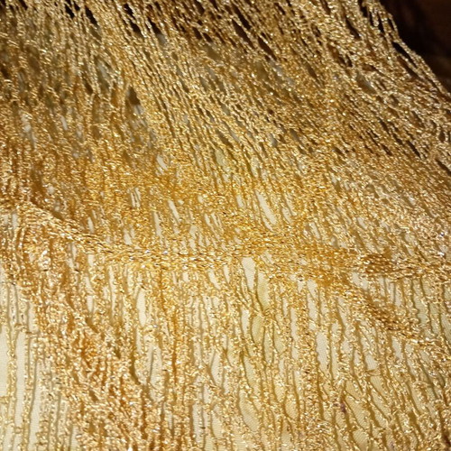 Golden scarf new, rectangular with lace-like fringes
