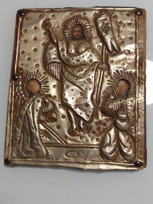 Old tin lithograph image depicting the Resurrection, 26x22 cm