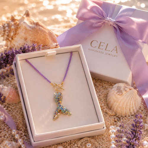 Handmade Necklace with Czech beads, steel clasp -T-, mermaid tail made of clay and zirconia