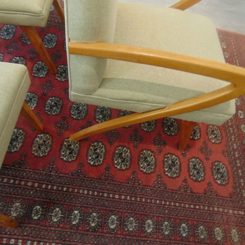 Vintage Danish armchair and 2 chairs with side table, fully refurbished