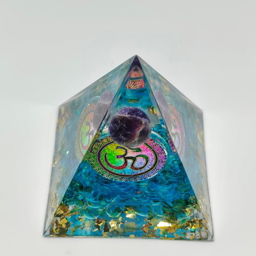 Orgonite pyramid with amethyst and Om symbol like new