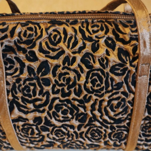 Satin handbag new, black with gold embossed patterns