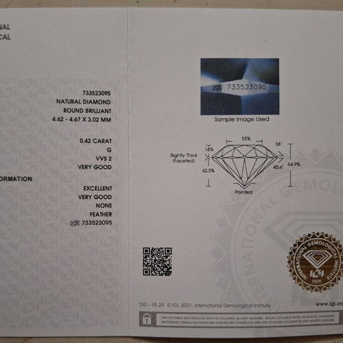 Natural diamond 0.42 carats VVS2 with engraving and certification