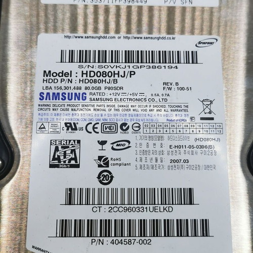 Samsung HD080HJ 80GB Serial ATA μεταχειρισμένος σκληρός δίσκος