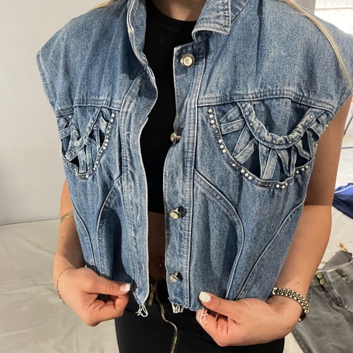 Vintage Bianca Maria Caselli denim vest crop with rhinestones pearls, like new, L
