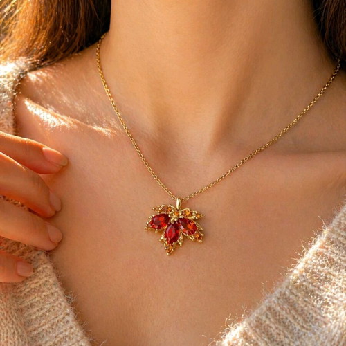 Gold women's leaf necklace with red stones new luxury