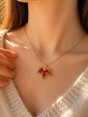 Gold women's leaf necklace with red stones new luxury