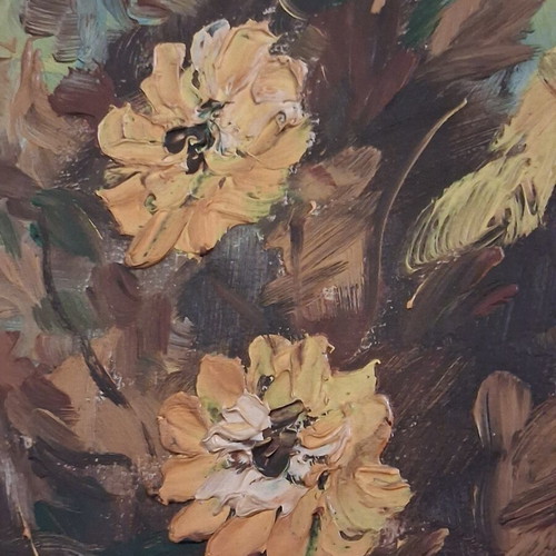 Theodor Butz oil painting floral still life with blue vase, framed
