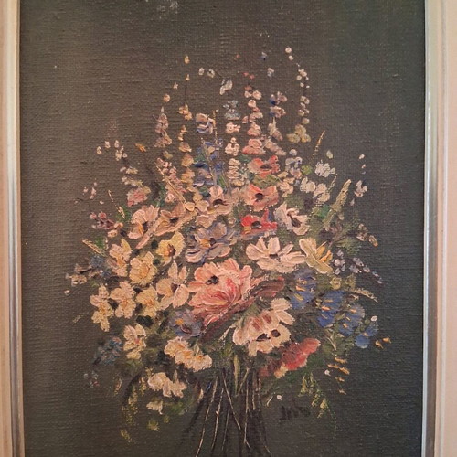 Framed floral artwork like new with wooden olive frame